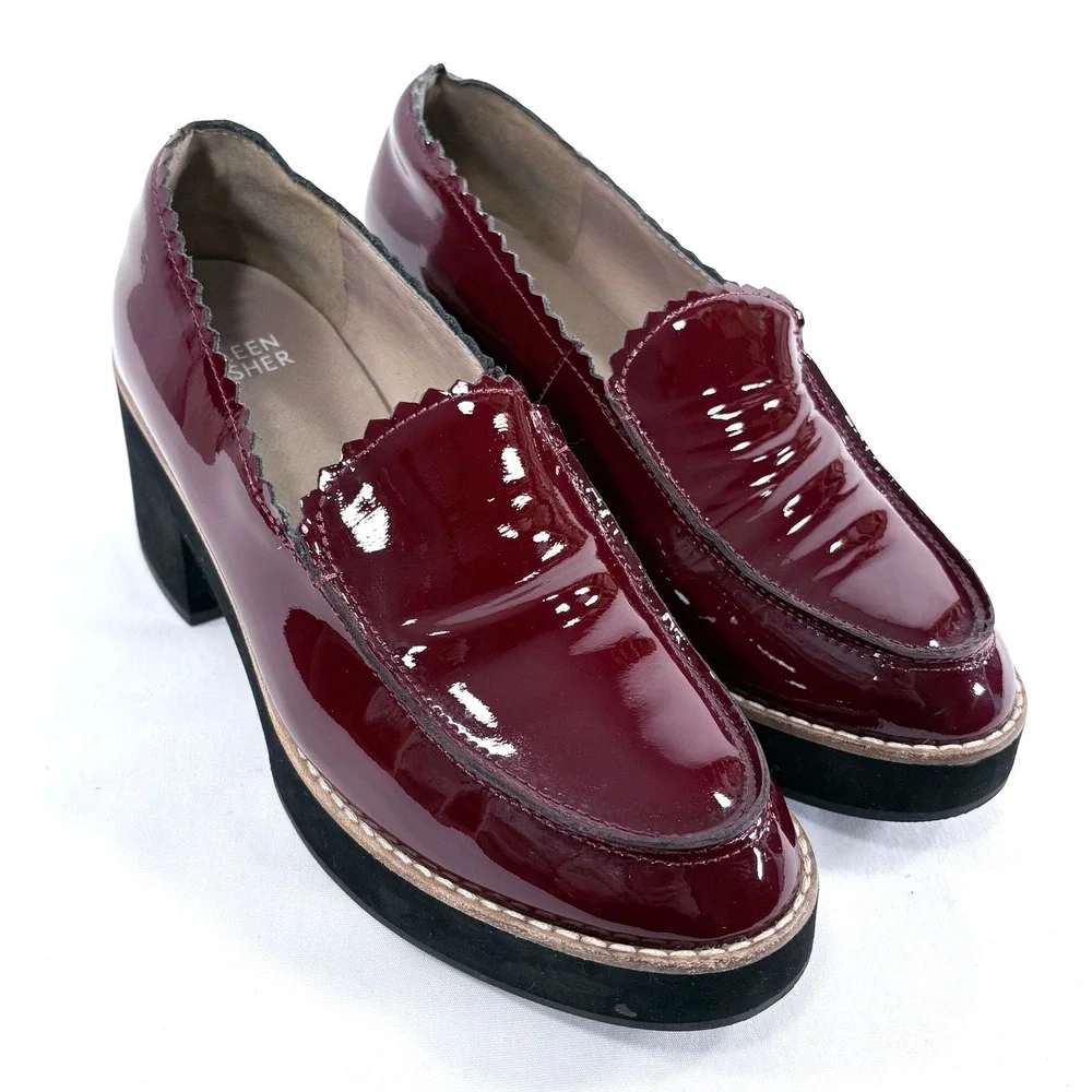Eileen Fisher Patent Leather Platform Loafers Burgundy‎ Scalloped Heel Shoes